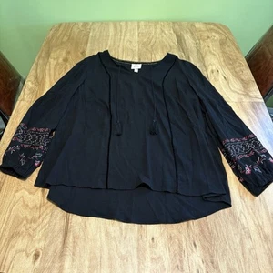 Knox Rose Black Long Sleeve Peasant Embroidered Stitch Shirt Womens Size Large - Picture 1 of 8