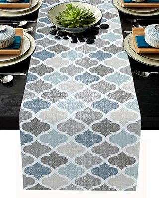 Moroccan Table Runner-Cotton Linen-Small 36 inche Geometric Quatrefoil Lattice  - Image 1 of 4