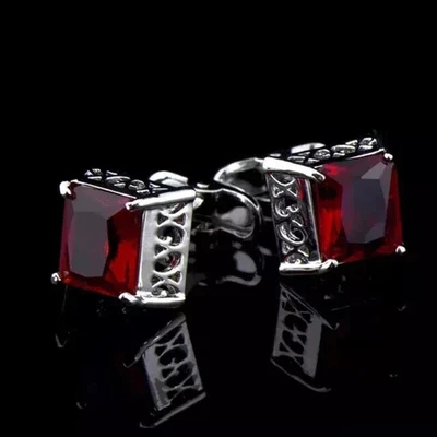 Мужские свадебные запонки из красного рубина 1 карат с отделкой белым золотом 14 карат Princess Lab Created - Изображение 1 из 4