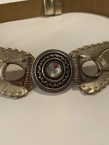 VINTAGE CHICOS GOLD LEATHER BELT Stunning Jeweled Hook/Fastener Laced Edges Adj - Picture 1 of 12