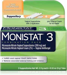2x Monistat-3 Vaginal Combination Pack Antifungal 3 Suppositories with 9 g Cream - Picture 1 of 1