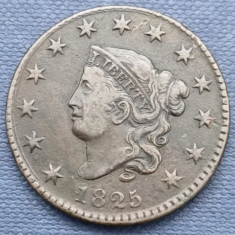 1825 Coronet Head Large Cent 1c Better Grade VF + #56177 Cover