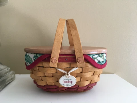 LONGABERGER 2004 GUMDROP Red BASKET Am. Holly LINER PROTECTOR TIE ON & Wood LID Cover