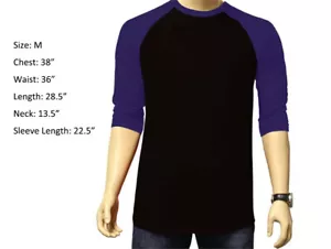 3/4 Sleeve Raglan Baseball Mens Plain Tee Jersey Sports T-Shirt Black Purple M - Picture 1 of 2