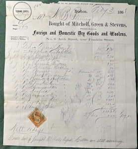 Antiguo 1868 Bill Head Mitchell VERDE Stevens BIENES Y LANAS Boston Masa - Imagen 1 de 11