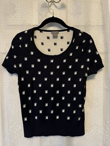 Ann Taylor Silk Blend Sweater top S/S Pullover  Knit Black White Geometric SP - Picture 1 of 6