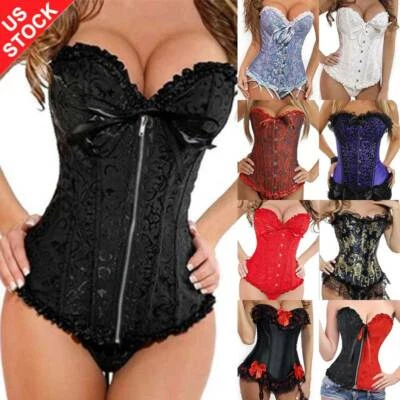 Women Lace Up Boned Bustier Corset Overbust Burlesque Top Waist Cincher Lingerie - Image 1 of 4