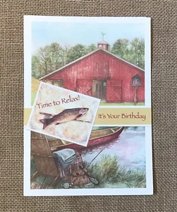 Judith Cheng Barn Canoe Fish Birthday Card Rustic Farm Core Junk Journaling - Picture 1 of 4