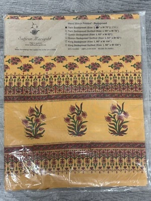 New W Tag Saffron Marigold Cotton Block Printed Tablecloth 108” X 70” - Image 1 of 4
