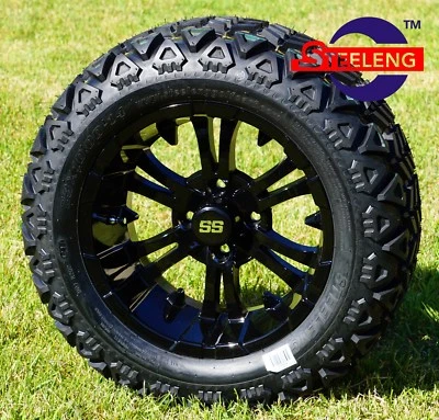 GOLF CART 14"x7" BLACK VAMPIRE WHEELS and 23"x10"-14" DOT ALL TERRAIN TIRES (4) - Image 1 of 4