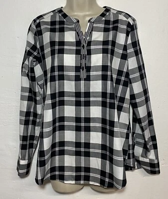 NWT Izod Small Womens Shirt White Black Plaid Long Sleeve Buttom V-Neck Top - Image 1 of 4