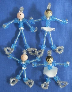 #13 Blue NEW Vintage Lot-4 Beaded Ice Skater Handmade Christmas Ornament Family - Picture 1 of 10