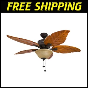 Tropical 52-Inch Ceiling Fan with Hand-Carved Blades & LED Lighting for Any Room - Picture 1 of 11