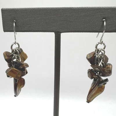 Pierced Tiger Eye Chip Earrings Silver Tone Shell Dangle Drop - Image 1 of 4
