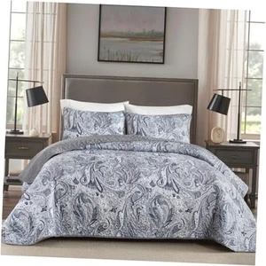 Grey Paisley Quilt Set Queen Size Boho Paisley Bedspread Coverlet Set 3 - Picture 1 of 8