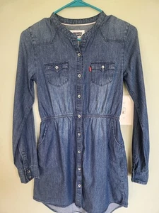 LEVI'S GIRL'S DENIM Dress Sz 12-13  BUTTON UP Jeans LONG SLEEVE Elastic Waist  - Picture 1 of 12