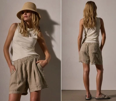 Shorts plissado de linho leve James Perse US$ 195 novo com etiquetas em pigmento nublado 2 M - Imagem 1 de 4