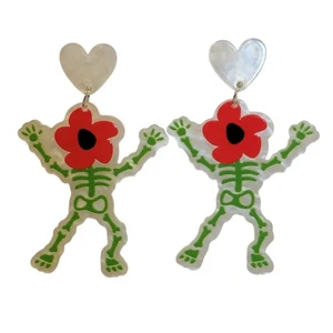 Skeleton Flower Dangle Earrings Green Red Heart Acrylic Halloween Novelty Gift - Picture 1 of 4
