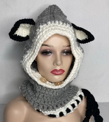Adult Oversized Knit Crochet Hat Hood Cowl Scarf Animal Ears PIXIE Handmade Grey Foto 1 de 4