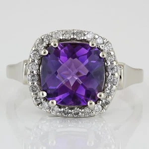 14k White Gold Large Cushion Amethyst Diamond Halo Ring Cocktail Statement Piec - Picture 1 of 7