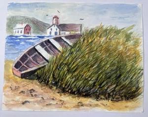 Vtg Fishing Boat Stuck In Grass Watercolor Painting 11x14” Rowboat By Lighthouse - Picture 1 of 9
