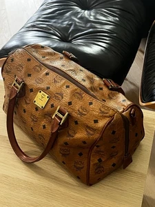Vintage MCM Boston Satchel Bag Cognac Visetos Monogram Logo Large Tote Handbag - Picture 1 of 13