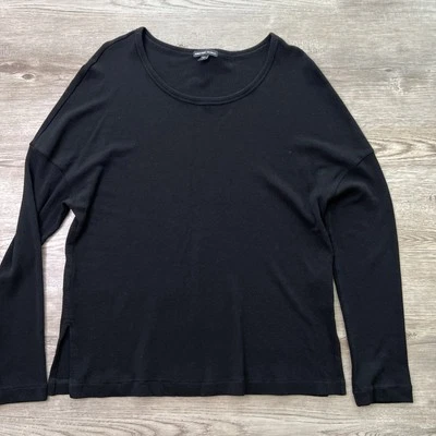 Camisa feminina James Perse waffle malha manga longa grande preta gola redonda relaxada - Imagem 1 de 4