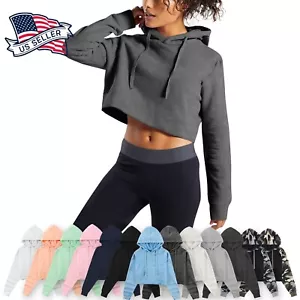 Womens Crop Top Hoodie Long Sleeve Casual Fleece Hooded Sweatshirt Tee Dance top - Picture 1 of 28
