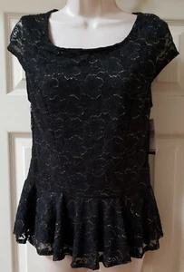 IZ BYER Women’s Black Lace Ruffles Waist Short Sleeve Blouse Top Size L - Picture 1 of 2