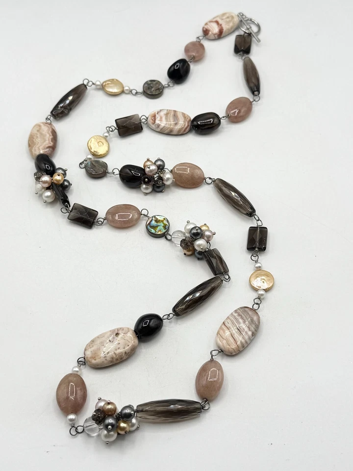 Genuine Pearl Agate Smokey Quartz Abalone Shell & MOP Long Beaded Necklace — 第 1/4 张图片