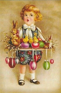 Cartolina Pasqua Vintage RETRO Bambino Uova Colorate Coniglio Pulcini NUOVA RISTAMPA - Foto 1 di 2