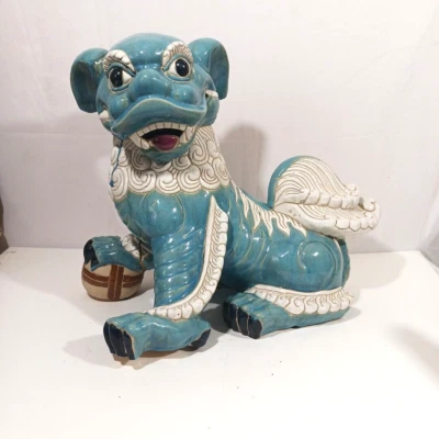  Vintage Chinese Turquoise Glazed Ceramic Foo Dog Signed 15.25" Repaired Foot - Image 1 of 4