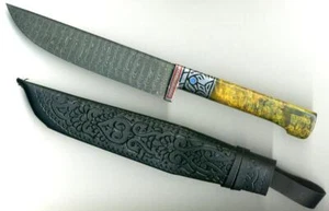 COLTELLO NAZIONALE UZBEKO PCHAK HQ 100% FATTO A MANO ACCIAIO DAMASCATO MANICO BURL (604) - Foto 1 di 6