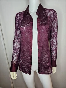 Eva Mendes New York & Company Burgundy Floral Lace Sheer Button Up Blouse Size M - Picture 1 of 12