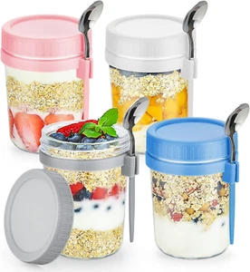 DRKIO 4 Pack Overnight Oats Containers with Lids and Spoons 16 Oz Glass Mason - Picture 1 of 12