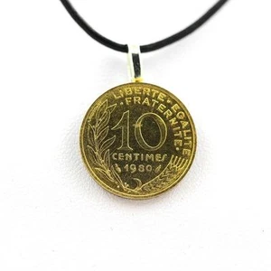 Pendentif Pièce de Monnaie Authentique " France " 10 centimes Marianne + cordon  - Picture 1 of 1