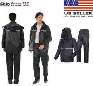 Tuta antipioggia uomo impermeabile giacca pantalone impermeabile sicurezza nero con cappuccio US - Foto 1 di 20