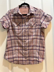 Camicia grande Eddie Bauer rosa/viola a quadri manica corta con bottoni outdoor - Foto 1 di 6