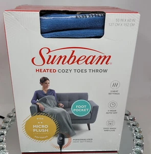 Sunbeam Electric Heated Cozy Toes Throw W Foot Pocket 50"X60" Blue / Flannel New - Picture 1 of 5