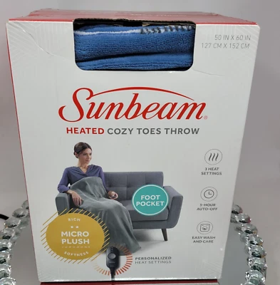 Sunbeam Electric Heated Cozy Toes Throw W Foot Pocket 50"X60" Blue / Flannel New - Image 1 of 4