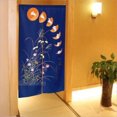 Tapiz cortina puerta japonesa NOREN conejo y luna flor silvestre 85 x 150 cm azul Foto 1 de 4