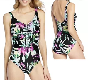 NEW Tropical Floral Cinch Front Padded One Piece Swimsuit Aqua Green - Picture 1 of 9