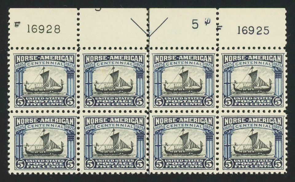 Scott #621, 5c Norse-American, Full Top Plate Block of 8, F/VF-OG-NH, 2022 PFC - Image 1 of 1
