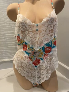 Vtg Floral Lace Satin BODYSUIT sz Lg Y2K sissy - Picture 1 of 4