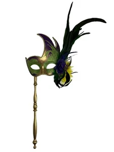 MARDI GRAS Green, Purple & Gold Feather Swan Masquerade Mask Stick Mask - Picture 1 of 8