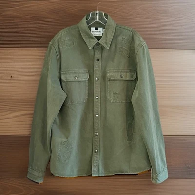 Topman Chaqueta Denim Camisa Para Hombre L Verde Oliva Envejecido Bolsillos a Presión Grunge Foto 1 de 4