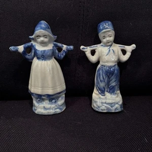 Vintage Blue White Dutch Boy & Girl Figurines Japan Porcelain Pair - Picture 1 of 9