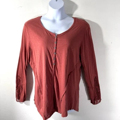 Mona B 钩针袖亨利上衣女式 XL 码 Rust Boho Shabby Chic 原始下摆 — 第 1/4 张图片