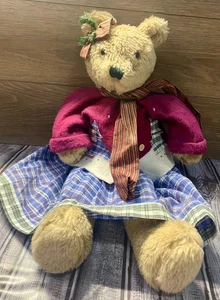 20” Handmade Vintage Wired-Arm Holiday Stuffed Bear – Weighted Bottom - Picture 1 of 6