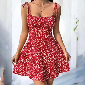 Womens Floral Mini Dress Spaghetti Strap Sleeveless Tie Shoulder Ruffle Summer B - Picture 1 of 11